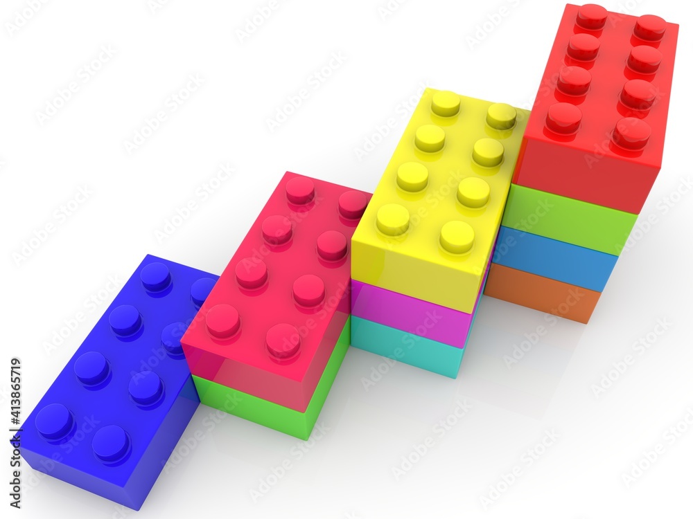 Toy bricks of different colors are stacked on top of each other in the form of steps Toy bricks of different colors are stacked on top of each other in the form of steps