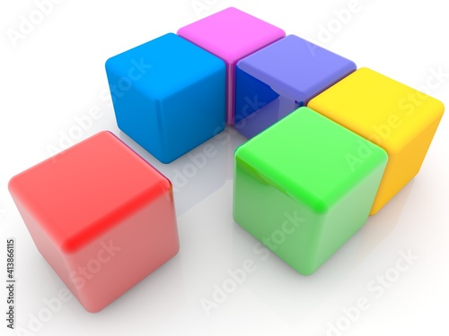 Colored toy blocks assembled in the form of an unfinished cube