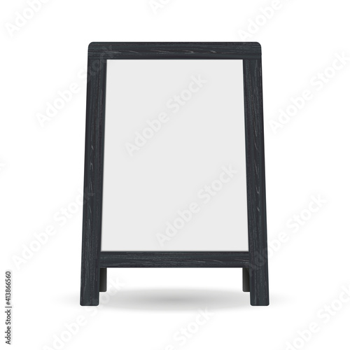 Vector realistic street chalkboard. Mockup. white and black board with wooden frame isolated on white. Outdoor stand for advertising and presentation for cafes, restaurants, menus. EPS 10. 