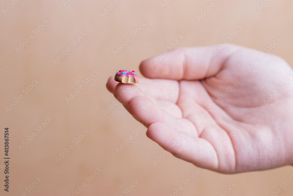 Miniature: donut with polymer clay decor on the fingertips of a woman's hand. Miniature: donut with polymer clay decor on the fingertips of a woman's hand.