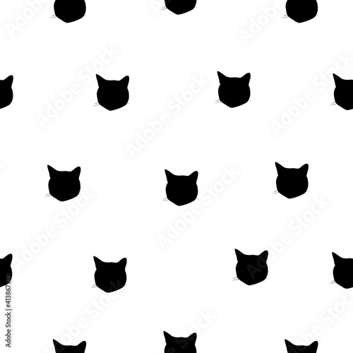 Seamless pattern black cats head isolated on white background. Small funny abstract kitten monochrome motif, vector eps 10