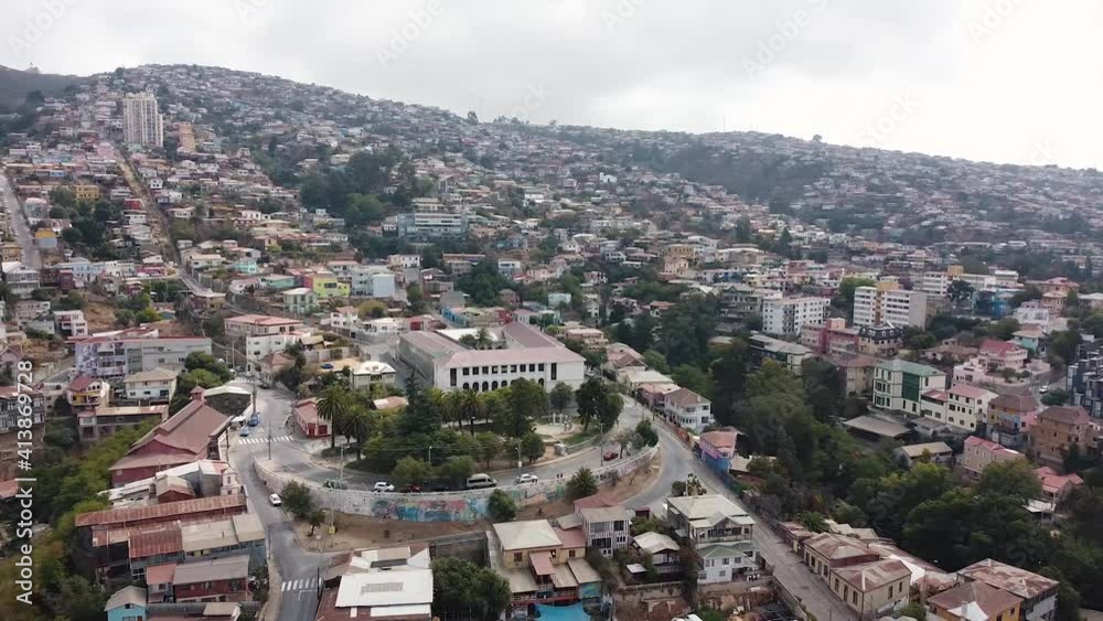 Aerial view from drone of Plaza Bismark, Avenida Alemania street and panoramic view of Cerro La Loma, Cerro Carcel and Cerro Miraflores. Residential development on hills of Valparaiso city, Chile Aerial view from drone of Plaza Bismark, Avenida Alemania street and panoramic view of Cerro La Loma, Cerro Carcel and Cerro Miraflores. Residential development on hills of Valparaiso city, Chile