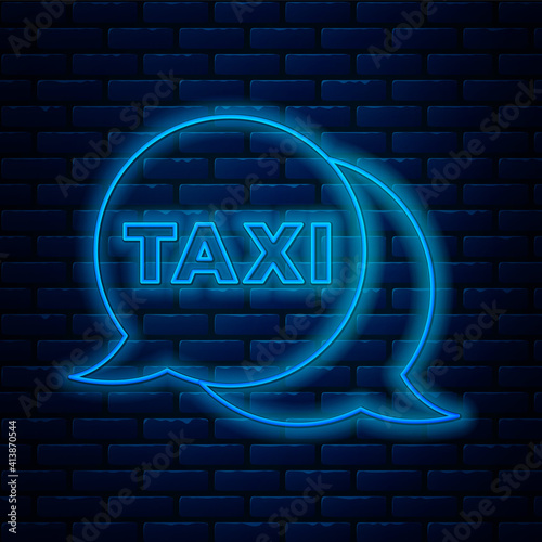 Glowing neon line Taxi call telephone service icon isolated on brick wall background. Speech bubble symbol. Taxi for smartphone. Vector.