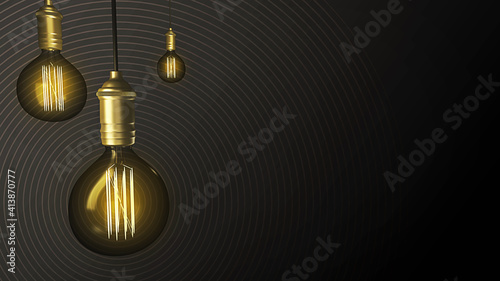 Glowing roof wired lamps, with vintage light on a black background. Idea and innovation 3D illustration concept with copy space for text