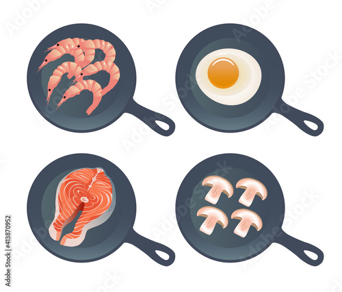 Cooking. Four kinds of dishes fried on frying pan.