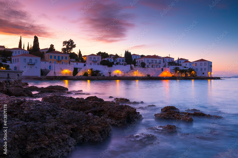 Evening view of Spetses village from the beach, Greece. Evening view of Spetses village from the beach, Greece.