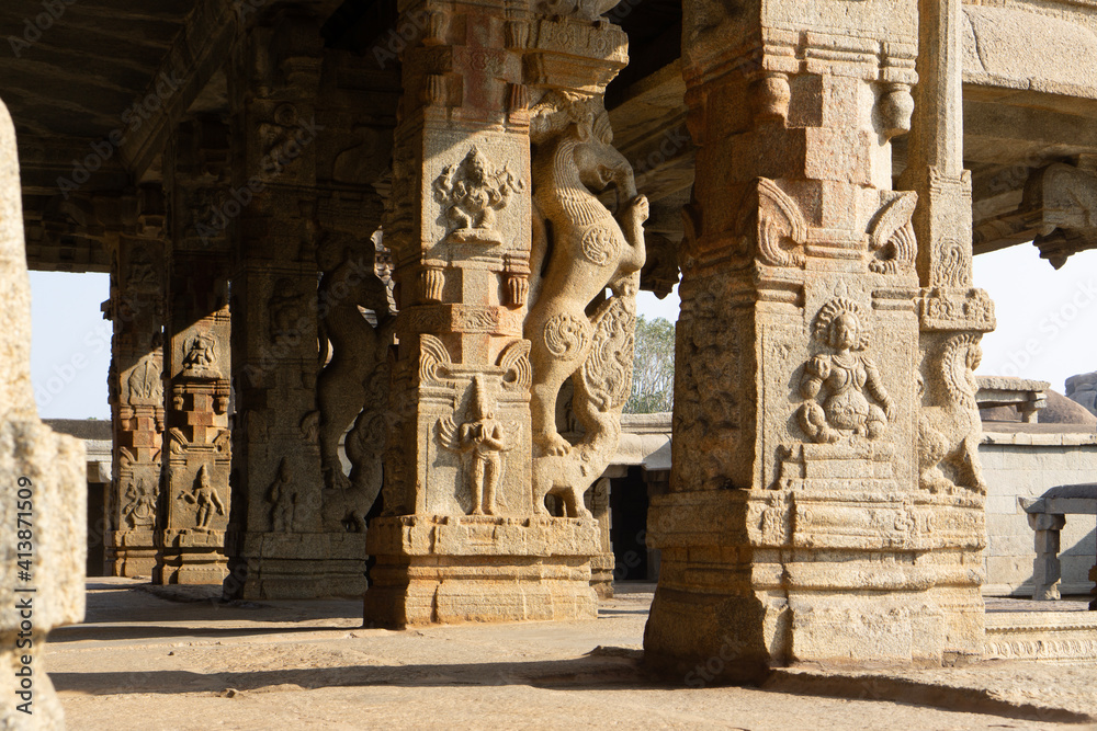 Ancient city architecture. Hampi Archeological Ruins.  India, Karnataka, Hampi city. Date: 10th February 2020