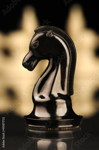 black chess piece of knight with white pieces