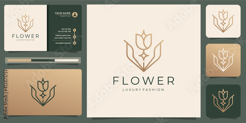 flower rose logo. luxury beauty salon.gold, fashion, skin care, cosmetic, yoga and spa products. logo templates and business card design. Premium Vector