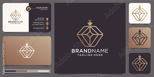 line art luxury perfume gold. symbol for cosmetic,beauty salon,skin care,product,bottle. logo with business card template. premium vector
