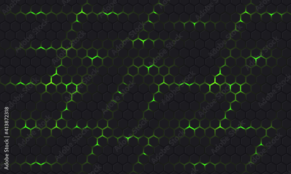 Dark gray and green technology hexagonal vector background. Abstract green bright energy flashes under hexagon in dark hi-tech futuristic modern vector background. Gray honeycomb texture grid.