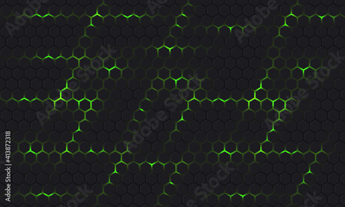 Dark gray and green technology hexagonal vector background. Abstract green bright energy flashes under hexagon in dark hi-tech futuristic modern vector background. Gray honeycomb texture grid.