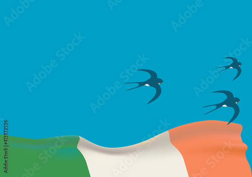 Saint Patrick's Day. 
Irish flag in blue sky with swallows.