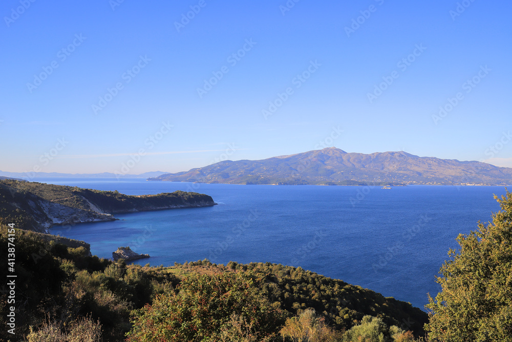 Beautiful landscape with mountains to sea and island Corfu