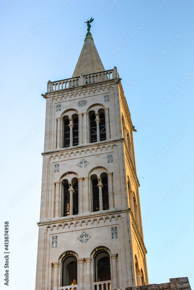 Zadar, Croatia / 31st July 2020: cathedral tower of St Anastasia (sveta Stosija) famous landmark in Zadar