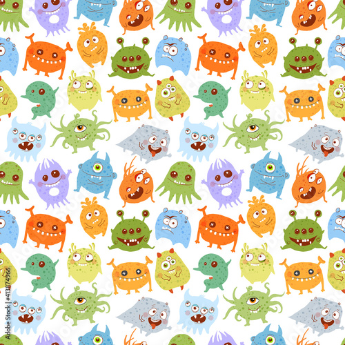 Seamless background with cartoon doodle germs  viruses and bacterias monsters. Can be used for wallpaper  pattern fills  textile  web page background  surface textures.