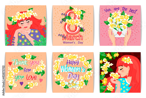 International Women's Day, March 8. Vector templates with lovely women, lettering, flowers and leaves, hands holding an envelope with a bouquet.For cards,flyers,brochure and other users.