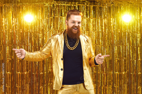 Photography Funny uninhibited plus size young man with ginger beard and mustache in golden s