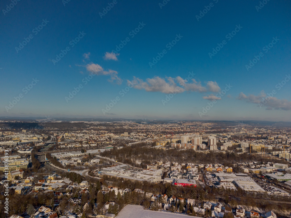 Aerial view of Regensburg in winter with snow from the west looking at Königswiesen and over Autobahn A93