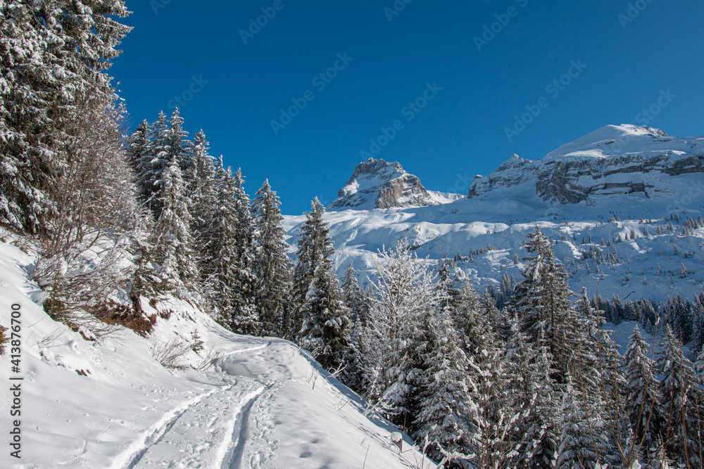 Beginning the trail to the Pointe Percée, Aravis, French Alps