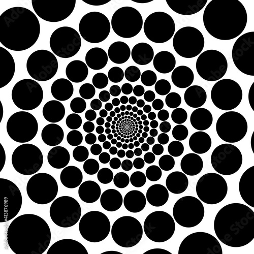 Halftone circle. Illusion. Abstract dotted background. Texture of black dots. Monochrome gradient background. Vector illustration.
