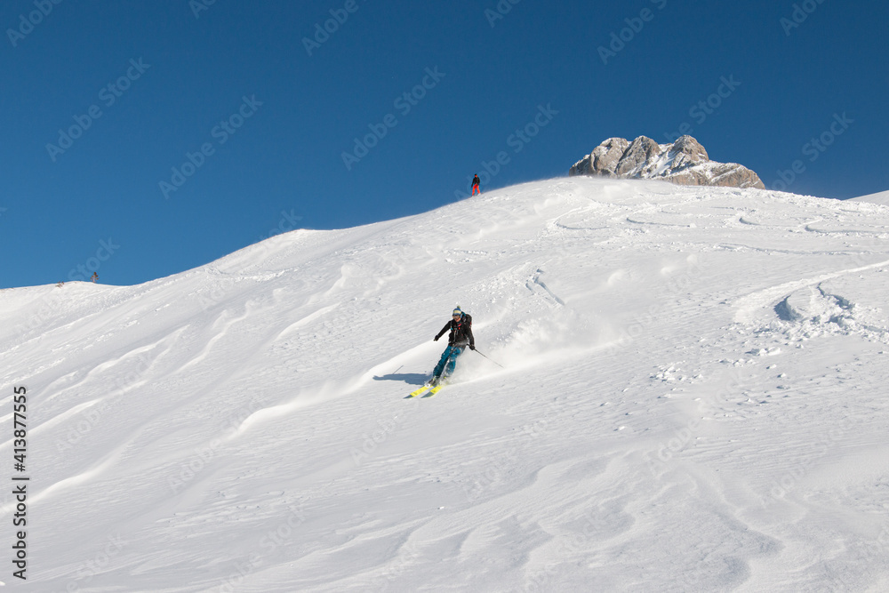 Ski freeride below the Pointe Percée, Aravis, France