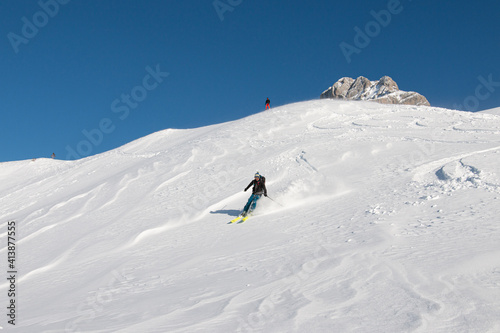 Ski freeride below the Pointe Percée, Aravis, France