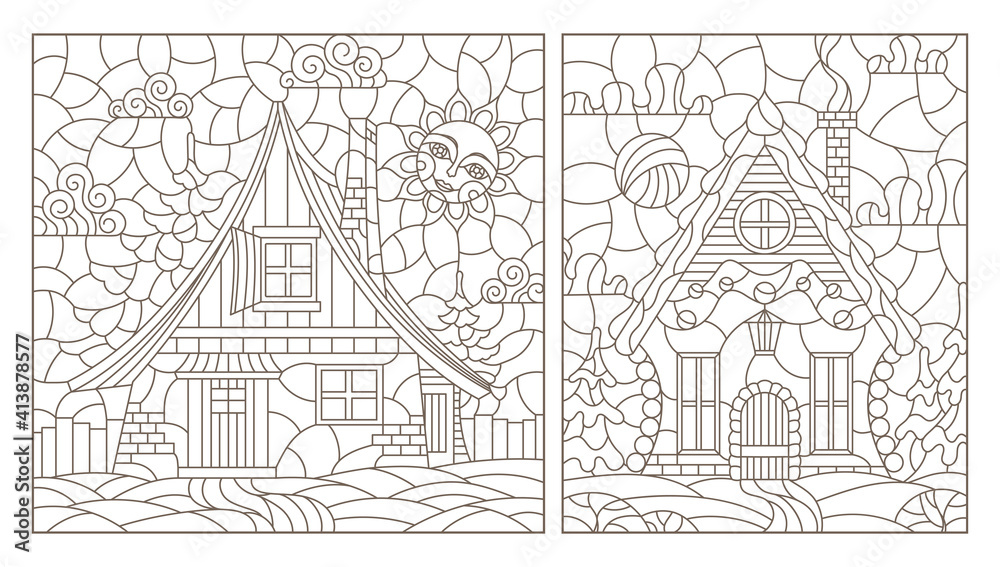 Set of contour illustrations in stained glass style with cozy rural houses on a background of fir trees and sky, dark contours on a white background, rectangular images