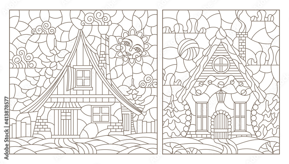 Fototapeta premium Set of contour illustrations in stained glass style with cozy rural houses on a background of fir trees and sky, dark contours on a white background, rectangular images