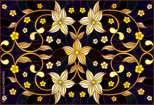 Illustration in stained glass style with floral ornament  imitation gold on dark background with swirls and floral motif