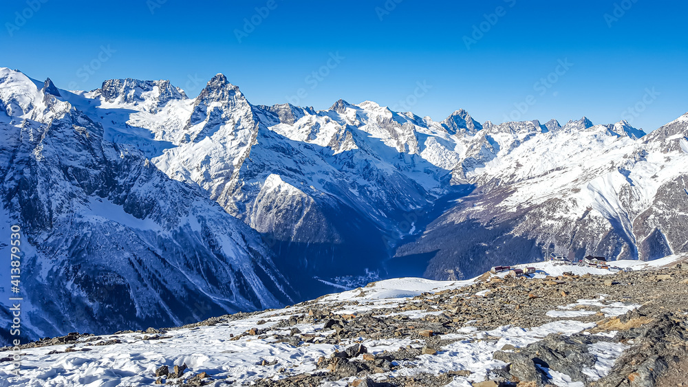 Panorama of the Caucasus Mountain Range. Dombay, Karachay-Cherkessia, Russia