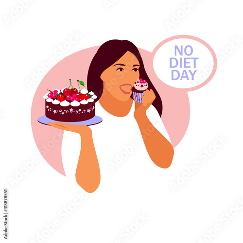 No diet day. A woman holds a plate of cupcake in her hands. International no diet day illustration. Vector.