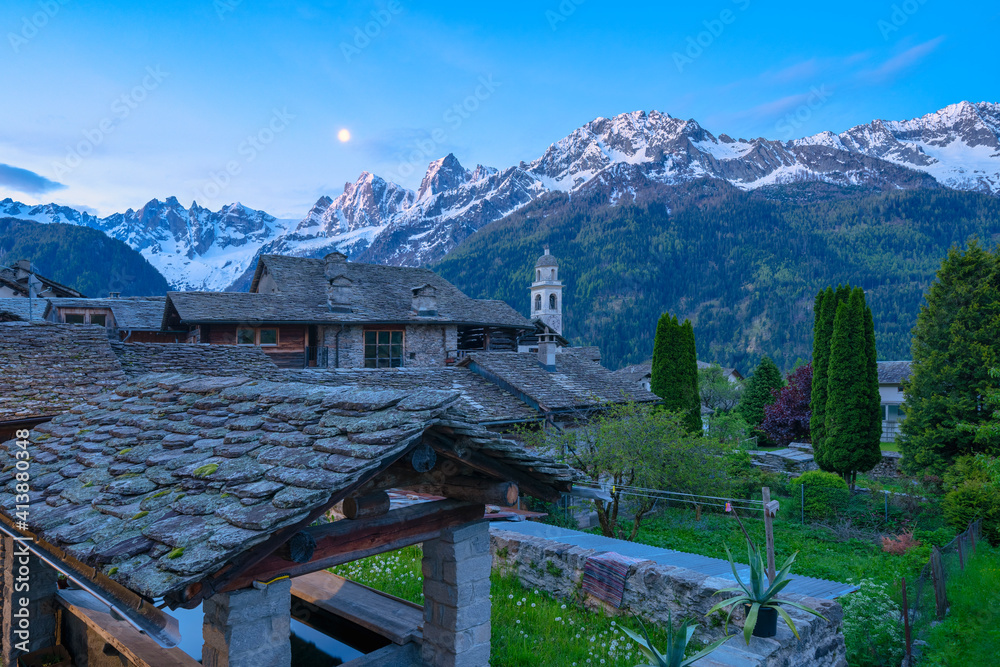 Alpine village of Soglio at dusk, Bregaglia Valley, Switzerland Alpine village of Soglio at dusk, Bregaglia Valley, Switzerland