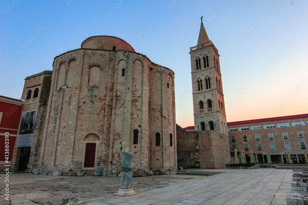 Zadar, Croatia / 31st July 2020: St Donat church and St Anastasia (sveta Stosija) Cathedral, famous landmarks in Zadar