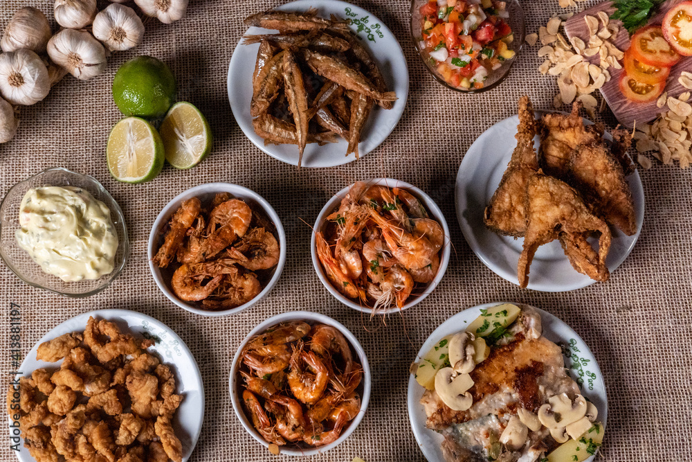 Shrimp, seadfoof to restaurants. Fried frish. Shrimp, seadfoof to restaurants. Fried frish.