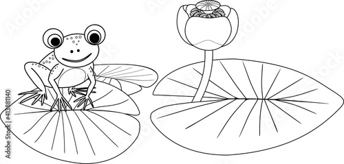 Φωτογραφία Coloring page with frog sitting on leaf of blooming water-lily plant isolated on