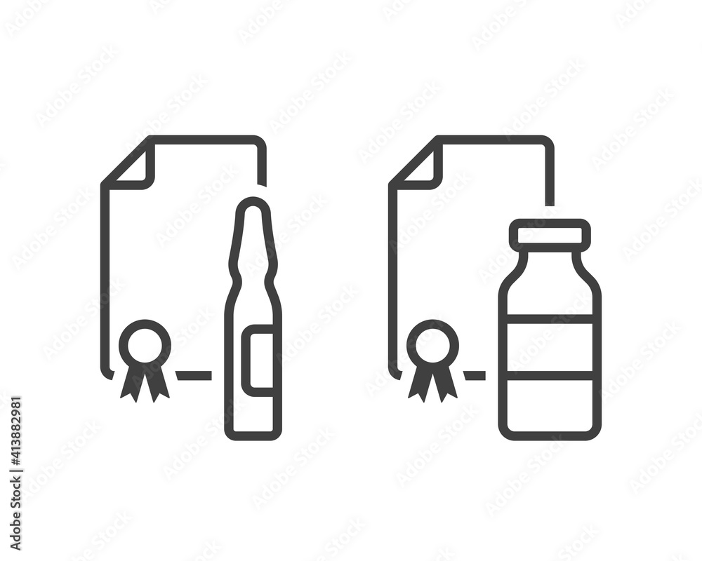 Coronavirus drug certificate icon. Image of two versions of certificates for ampoules of different shapes. Isolated linear vector on a pure white background. Coronavirus drug certificate icon. Image of two versions of certificates for ampoules of different shapes. Isolated linear vector on a pure white background.