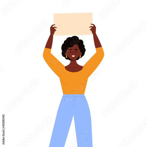 Girl holding a blank poster with place for text. A young woman holds a bullet leaf in her hands. Teenage girl shows a poster. Hand drawn style vector trendy illustration.
