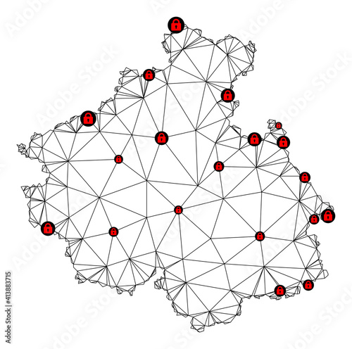 Polygonal mesh lockdown map of Altai Republic. Abstract mesh lines and locks form map of Altai Republic. Vector wire frame 2D polygonal line network in black color with red locks.