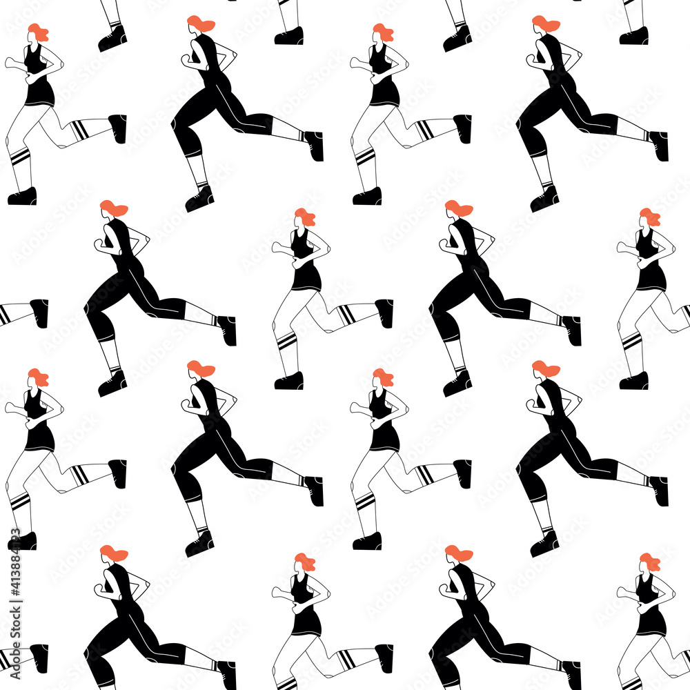 Seamless pattern with running women. Print with cartoon character.