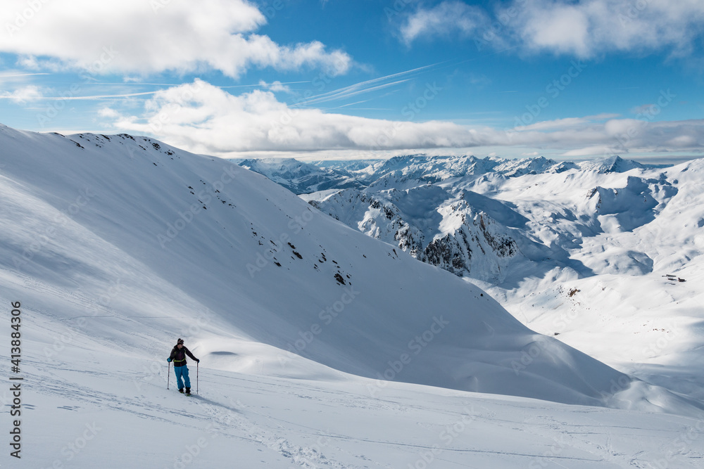 Backcountry snowboard in the Beaufortain, French Alps, France Backcountry snowboard in the Beaufortain, French Alps, France