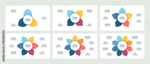 Business infographic template. Chart with 3, 4, 5, 6, 7, 8 steps, options, sections. Vector diagram.
