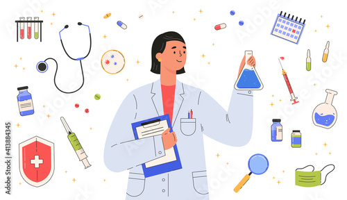 Vaccine discovery concept. Scientists doctor with flasks and folder working on antiviral treatment development in a medical gown. Set of medical objects. Vector illustration in flat cartoon style.