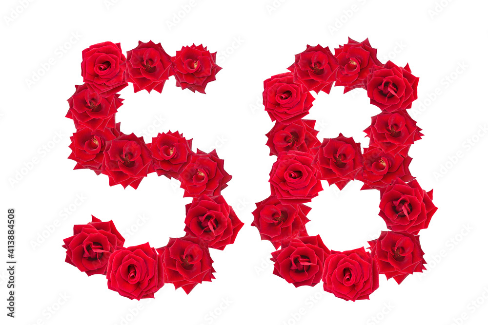 Numeral 58 made of red roses on a white isolated background. Element for decoration. fifty eight. Red roses. Numeral 58 made of red roses on a white isolated background. Element for decoration. fifty eight. Red roses.