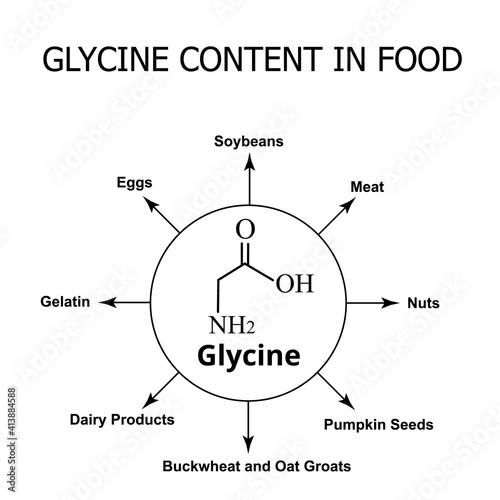 Glycine content in food. Amino acid glycine chemical molecular formula. Vector illustration on isolated background