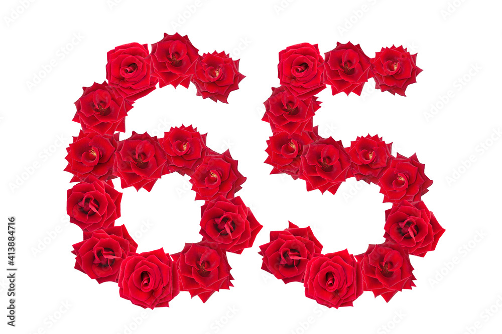 Numeral 65 made of red roses on a white isolated background. Element for decoration. sixty five. Red roses. Numeral 65 made of red roses on a white isolated background. Element for decoration. sixty five. Red roses.