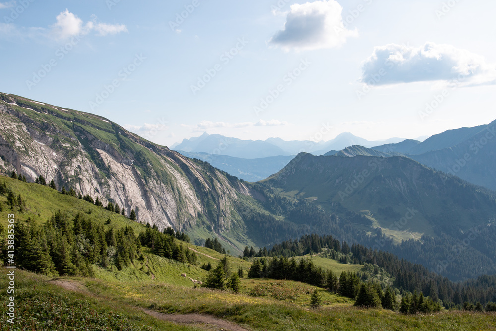 Panorama of mountains in summer, les Portes du Soleil, France