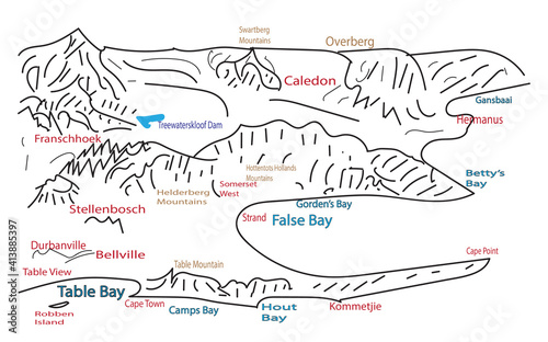 An illustrative map of Cape Town and the surrounding areas in South Africa.