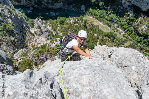 Rock climbing above the river, Gorges du Verdon, France