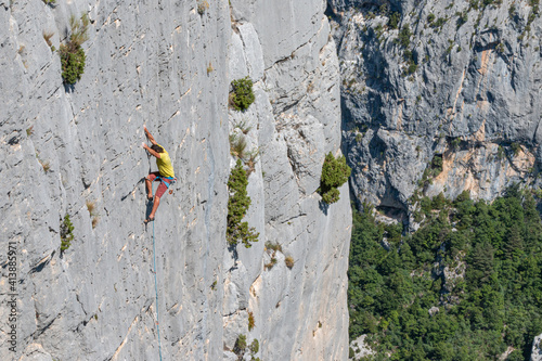 Rock climbing multi pitch on high wall, Gorges du Verdon, France photo